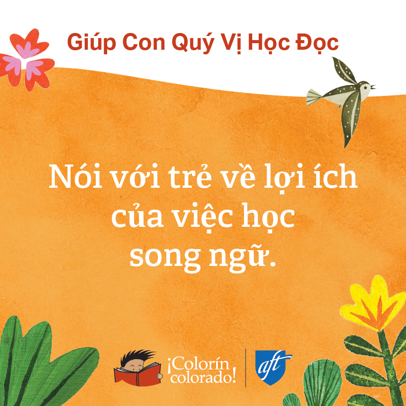 Family literacy tip 2 in Vietnamese on orange with birds and flowers
