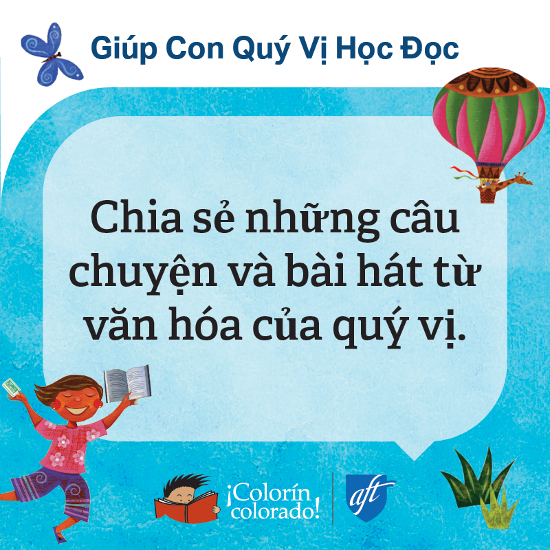 Family literacy tip 3 in Vietnamese on blue with child and air balloon illustrations
