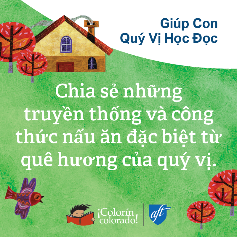 Family literacy tip 4 in Vietnamese on green with house illustration