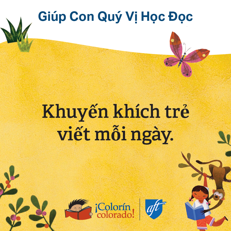 Family literacy tip 6 in Vietnamese on yellow with child and monkey illustrations