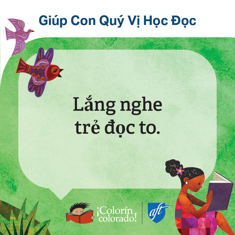 Family literacy tip 7 in Vietnamese on green with illustration of girl reading