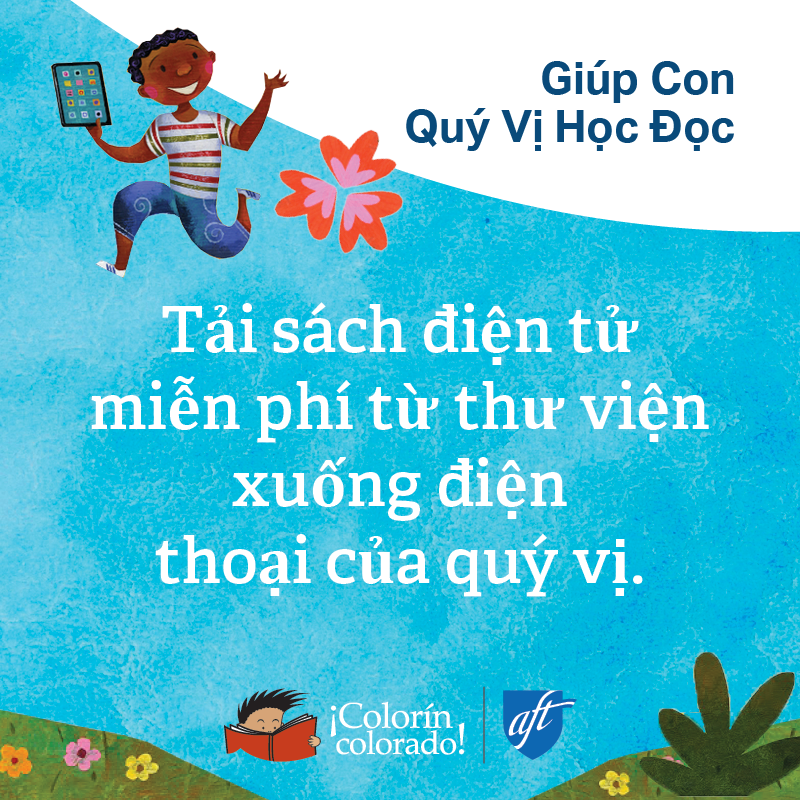 Family literacy tip 8 in Vietnamese on blue with illustration of boy holding a book